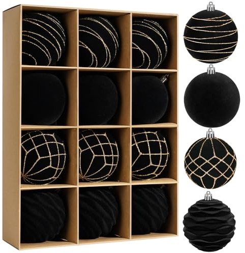 Miaikoe 12pcs Samt Weihnachts Ornamente Kugeln Sets für Weihnachten, Plastik zerstörungsdicht Weihnachtsbaum Flocked 8 cm Ornamente Kugeln für Winter Urlaub Dekor (schwarz)