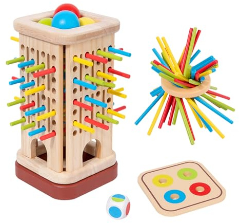 Yuemeuy Holzstäbchen Spiel,Familien Geschicklichkeitsspiel mit bunten Stäbchen & Würfel | Interaktives Spiel Zur Förderung Von Geduld, Logischem Denken Und Farbverständnis