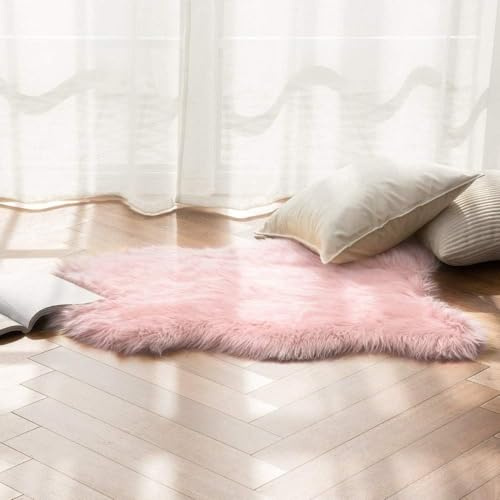 JXLOULAN Faux Schaffell Teppich Rosa 40x60 cm, Weicher Flauschiger Longhair Fell Lammfellimitat Teppich für Wohnzimmer Deko Stühle Sofa Schlafzimmer