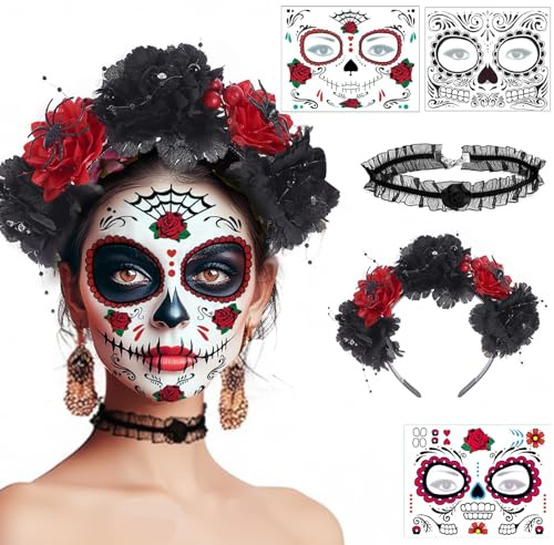 BaiDekun Halloween Karneval Tag der Toten Deko Totenkopf Gesichtstattoo, mexikanische Blumenkrone Haarreif Damen Kopfschmuck für Fasching, Kostüm- & Schminkaccessoires