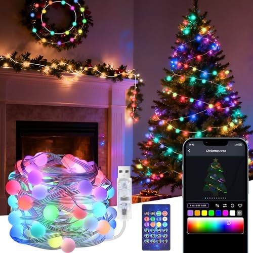 GuKKK Lichterkette Innen 15m 99LED, RGB Weihnachtsbaum Lichterkette Außen, Fernbedienung/APP-Steuerung, Synchronisierung mit Musik, Wasserdicht Lichterkette Tannenbaum mit 8 Modi, Memory, für Garten