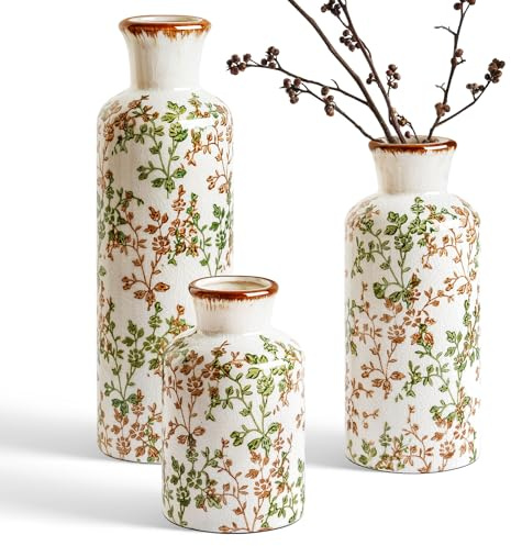 LE TAUCI Keramik Vase Set 3-teilig, Vintage Blumenvase und Blumenvasen für Frische oder Getrocknete Blumen, Cottagecore Deko für Couchtisch, Kaminsims, Regal, Flur, Reben Grün
