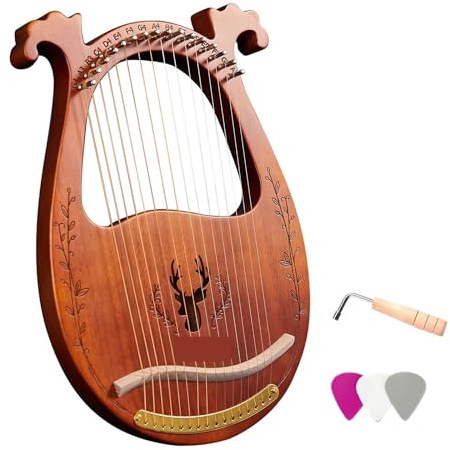 16-saitige Lyra-Harfe, C-Tonart, Resonanzkasten aus Holz, Saiteninstrument mit Stimmschlüssel, 3 Plektren, Aufkleber, Zubehör for Anfänger für Erwachsene/Anfänger(Coffee)