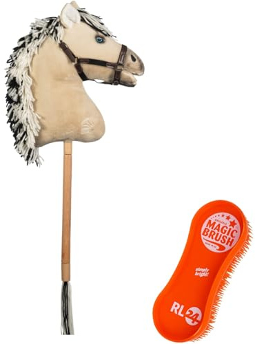 RL24 HKM - Hobby Horse Premium Norweger – Steckenpferd mit Trense – Spielpferd aus Plüsch mit Holzstock & Langer Mähne – Stockpferd ohne Griffe & Rollen – Hobby Horse Pferde – Beige