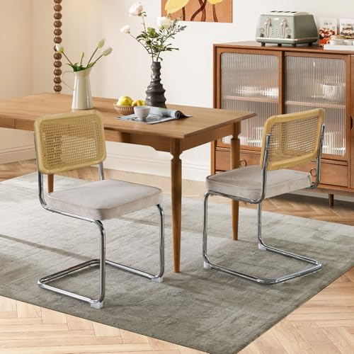 SoarFlash Mid-Century Moderne Esstische, Handgewebte Rattanlehne, Cantilever-Struktur aus Verchromtem Stahl, Weiches Samtpolster, Set aus 2, Beige