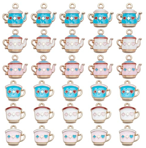 NBEADS 30 Pcs 6 Styles Enamel Teapot Tea Cup Charms, Metal Coffee Tea Kettle Pot Pendant Alloy Enamel Teapot beads for Necklace Bracelet DIY Crafts Jewelry Making Valentine Gifts