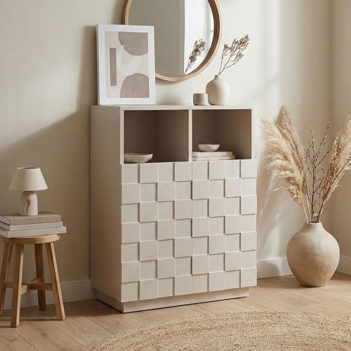 [en.casa] Buffet Haut Armoire Haute avec 2 Portes à Façade 3D 4 Compartiments de Rangement Intérieurs 2 Niches Ouvertes Capacité 30 kg Panneau de Particules PVC 86 x 64 x 36 cm Beige