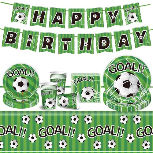 52PCS Football Party Tableware Set, Football Lovers Party Decorations Includes Happy Birthday Banner, Soccer Plates, Cups, Napkins Tablecloth, Birthday Supplies Disposable Dinnerware for 10 Person
