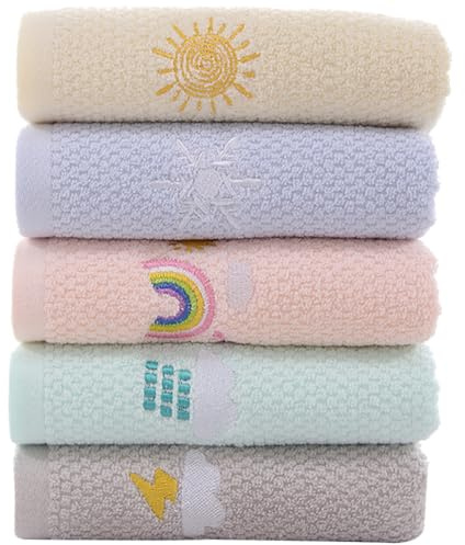 WOFASHPURET Lot de 5 Serviettes Visage et Mains en Coton Absorbantes, Petites Serviettes Brodées Multicolores pour Toilette et Usage Garçon et Filles