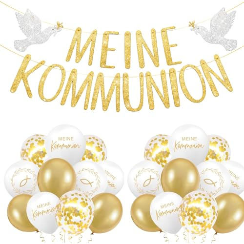 42 Stück Kommunion Deko, Kommunion Deko Girlande Erste Heilige Jungen Mädchen Glitzer Gold Banner Luftballons für Taufe Erstkommunion Erstkommunion Partydeko