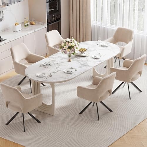 Ckaff 6er Set Esszimmerstühle Drehbar mit Armlehne, 360°Drehbar Polsterstuhl Küchenstuhl aus Samt, Stühle Esszimmer mit Metallbeine und Rückenlehne für Küche Esszimmer Schlafzimmer, Hellbraun