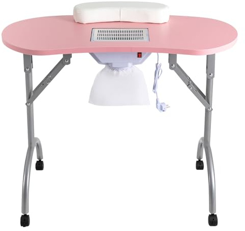 YUYUZI Nageltisch klappbar mit Staubsauger Maniküretisch Nagelstudio rosa | Klappbarer Maniküretisch aus MDF/Eisen, mit Nagelstaubsauger, 4 Rollen, Handgelenkauflage – für Studio & Zuhause