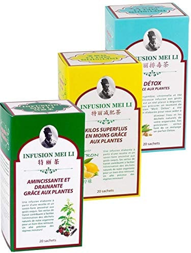 Assortiment de 3 thés MINCEUR - Infusion Mei Li - Fine Tonic # Amincissante et Drainante # Kilos Superflus en moins # Détox - 3 Boites de 20 Sachets