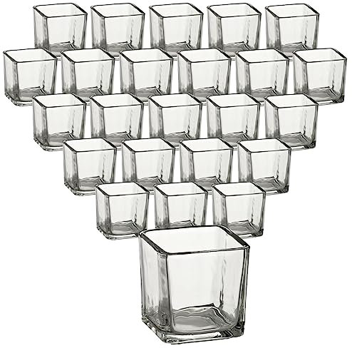 gouveo 24er Set Teelichtgläser Quadrat - Teelichthalter eckig - Kleines Windlicht für Garten, Terrasse, Balkon - Quadrat-Glas für Dessert - Deko Hochzeit, Geburtstag, Feier (TGQ080)