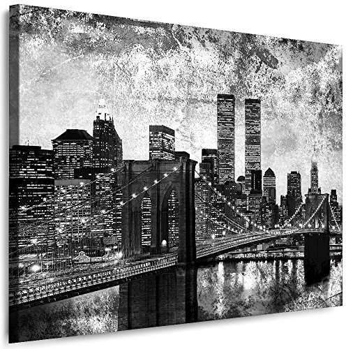 Julia-Art Leinwandbilder Skyline - New York Bilder - XXL Wandbild mit Keilrahmen - 100 mal 70 cm - Querformat 1 teilig - Schwarz Weiß Kunstdrucke Stadt NY City Statue, Brücke N-c-100-a-40