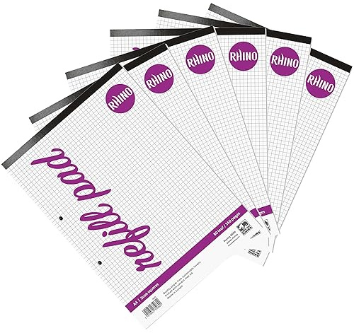 RHINO A4 Refill Pad, Writing Pad, 160 Page / 5mm Squared, 6 Pack, White Hole Punched Top Binding Writing Paper, Office & School Stationery Supplies
