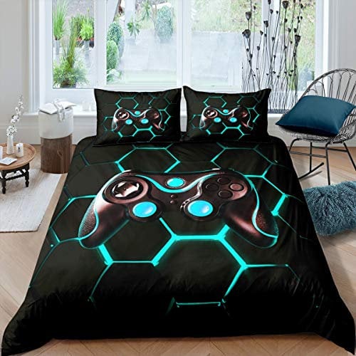 Gamer Bedding Set Boys Teens Video Game Gaming Duvet Cover Set Geometric Honeycomb Hexagon Comforter Cover Kids Anime Game Controller Bedclothes Room Decor 3Pcs Double Size,Black,Blue