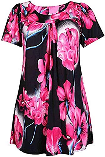 Purple Hanger Womens Floral Print Ladies Short Sleeves Stretch Round Scoop Neckline Long Smock Tunic T-Shirt Top Plus Size (20, Big Cerise Floral)