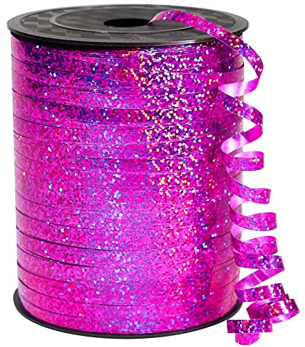 PartyWoo Geschenkband Pink, 450 Meter/ 500 Yard Schleifenband, Ringelband, Glänzendes Ballonband, Dekoband für Ballonverschlüsse, Geschenkverpackung, Basteln, Partydeko, Hochzeitsdeko (1 Rolle)