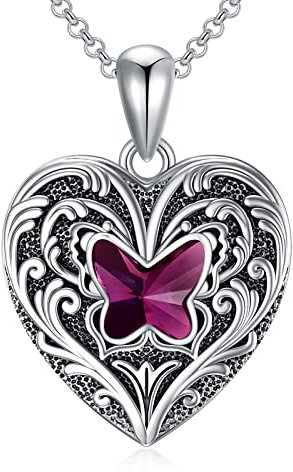 SOULMEET Purple Crystal Butterfly Heart Locket Necklace That Holds 2 Pictures Photo Sterling Silver Custom Jewelry Personalized Locket (Locket only)