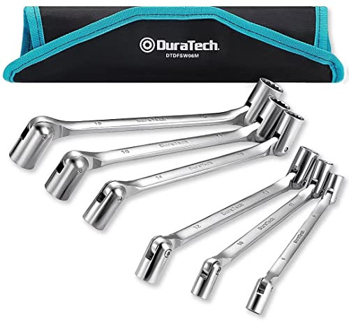 DURATECH Double End Flex-Head Socket Combination Wrench Set, Metric Spanner Set, 8-19mm, 12 Point, 6-Piece, with Rolling Pouch