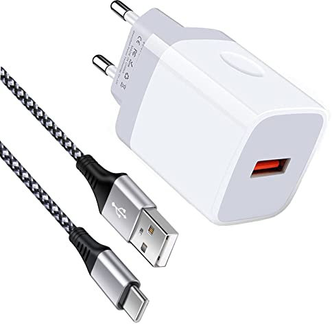 USB Ladegerät,18W USB Schnellladegerät Quick Charge 3.0 USB Netzteil mit USB C Samsung Ladekabel 1M,USB Stecker Ladestecke für Samsung Galaxy A55/A15/A35/S24/S22/S21/S20/S10/S9/S8/A52/A54 5G,Huawei