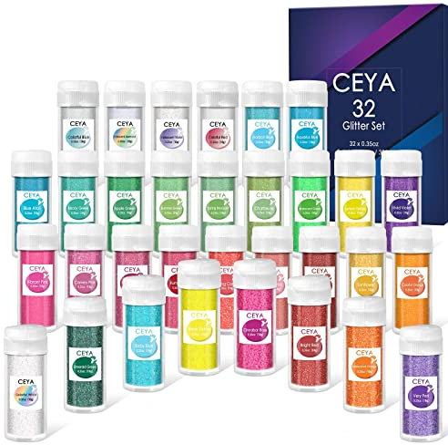 ceya Ultra Fine Glitter Powder Set 32 Colors, 11.28 oz/ 320g Craft Glitter 1/128'' 0.008'' 0.2mm for Slime Epoxy Resin Craft Tumbler Jewelry Nail Art Festival Makeup Painting Wedding Cards
