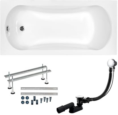 BADLAND Badewanne Original Weiß Acryl Wanne Rechteck ARIA 160x70 KOMPLETTSET SET + Füßen und Exklusive Chrom Automatik Ablaufgarnitur Made in EU 3in1