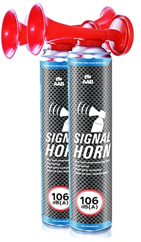 2x AAB Signal Horn, 106 dB(A), Bis Zu 320 Kurze Pieptöne Mit Nicht Brennbarem Gas, Laut Fanfare, Luftdruckhupe, Gas Pressure, Stadion Tröte, Fußball Tröte, GasHorn, Druckluft Fanfaren, Boot, Auto