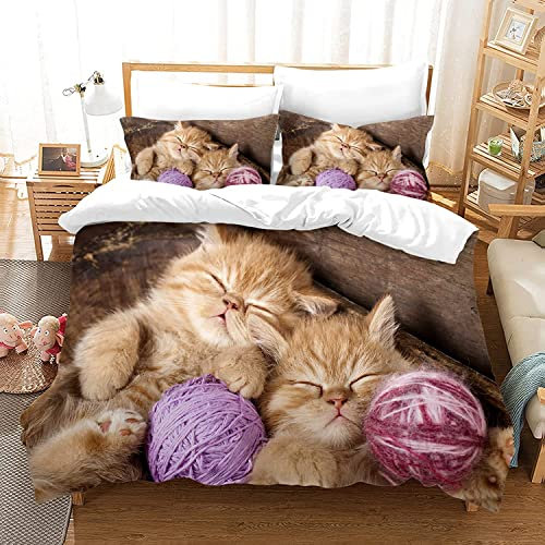 HSGLGNA Katze Bettwäsche Set 135 x 200 cm, 3D Katzenmotiv Mikrofaser Bettwäsche-Sets 3teilig mit Reißverschluss, 100% Baumwolle, mit Bettbezug und Kissenbezug (Katze-3, 135 x 200 cm)