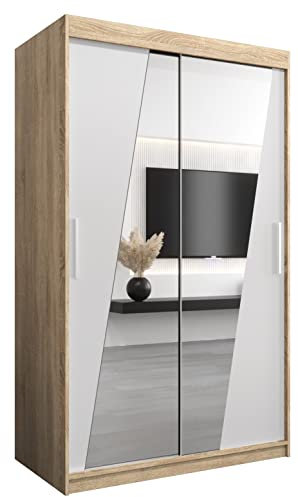 MEBLE KRYSPOL Rhomb120 Schlafzimmerschrank mit Zwei Schiebetüren, Spiegel, Kleiderstange und Regalen – 120x200x62cm - Sonoma + Mattweiß