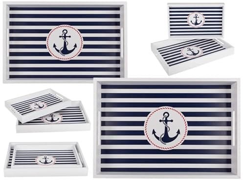 Seaside No. 64 - maritimes Serviertablett aus Holz - Frühstückstablett, Kaffeeplatte, Küchenhelfer - Anker, Wellen, Streifen, blau, weiß - Verschiedene Größen und Muster (Anker, gestreift, klein)