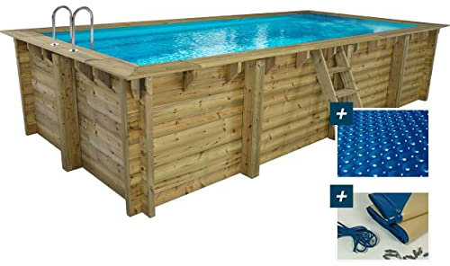 Habitat et Jardin Piscine Bois Rectangle Tobago - 6.20 x 3.00 x 1.31 m + Bâche à Bulles 180 µ - Bâche Hiver 280 g/m²
