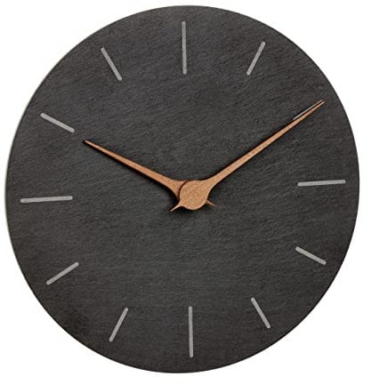 TFA Dostmann Moderne Wanduhr Schiefer, 60.3068.10, ohne Tickgeräusche, mit Walnuss Holz Zeigern, Quarzuhr, 25 cm, zum Hängen, schwarz