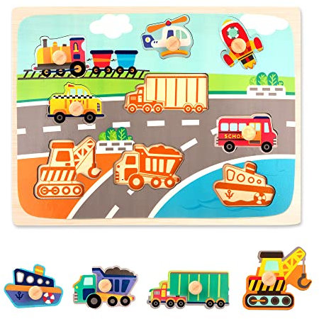 Holzpuzzle ab 1 2 3 Jahr Kinder Steckpuzzle Montessori Holz Steckspiel, Greifpuzzle Holzspielzeug, Auto Puzzle Lernspielzeug für Baby Junge Mädchen Geschenk