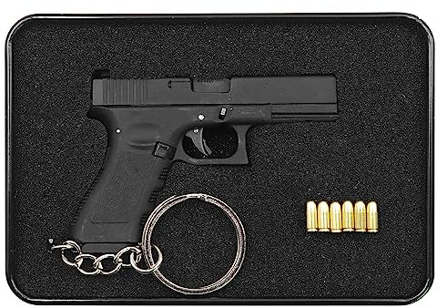 Zhongren Alloy Empire G17 Tactical Mini Keychain Metal 6 Rounds Keyring Key Chain with Moving Parts Model Collection Pendant Bag Charm for Army Fan Men Gift (BK)