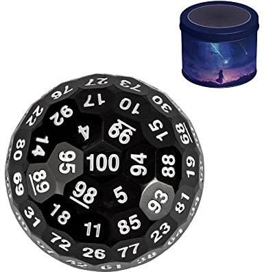 Poludie Dadi D100 aggiornati, dadi poliedrici singoli a 100 lati D100 da 50 mm, dadi da gioco D&D D100, cubo da 100 lati con scatola di metallo (carattere nero/bianco)