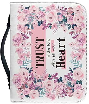 Dajingkj Housse de Bible avec Fermeture Éclair Grande en Cuir Personnalisée Pochette de Bible pour Femme Sac de Bible Livre Église Sac à Bandoulière, Motif fleurs - Rose, xl