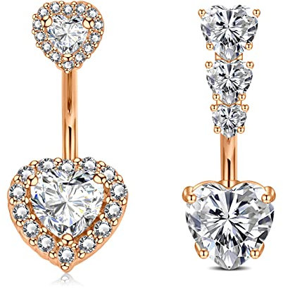 WillTen 14G Roségold Bauchnabelpiercing Damen 10MM Nabelpiercing Chirurgenstahl Piercing Bauchnabel Herz Diamant Klar CZ Bauchpiercing Bananabells