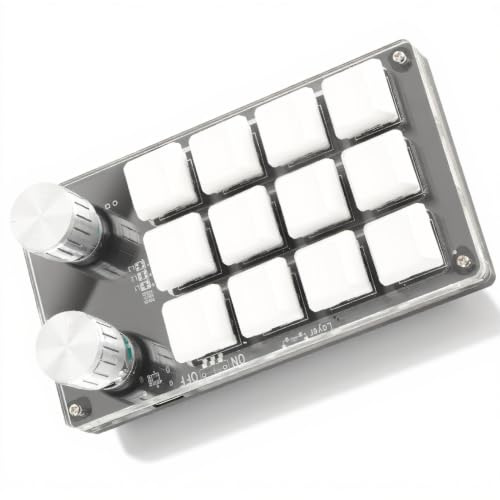 Jectse 12 Key DIY Programmable Keypad with 2 Knob, COPY/PASTE/SELECT ALL/CUT Shortcut Keys Keypad, Dustproof Green Shaft One Handed Macro Mechanical Keyboard 5.2 x 3 x 1.5in (L x W x H) (Black White)