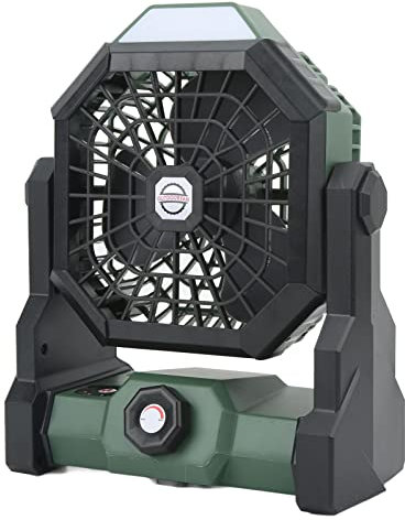 Hztyyier Outdoor-Camping-Ventilator, 270-Grad-Einstellung, Geräuschreduzierung, Motor, Camping-Beleuchtung, Ventilator für Reisen (Schwarz Grün)
