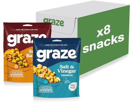 Graze - BBQ and Salt&Vinegar Snacks - Healthy Alternative for Crisps, Mixed Nuts & Pretzels -Ideal if You Love Corn, Broad Beans and Corn Hoops Mixed Savoury Vegan Snack (8x100g pack)