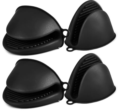 AUAUY 2 Pairs Mini Silicone Oven Mitts, Heat Resistant Pot holders Mitts, Cute Oven Pinch Grip Gloves, Small Potholders for Kitchen, Air Fryer Mitts Pair for Cooking, Baking and Grilling (Black)