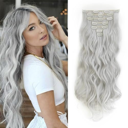 Dcbaboo Clip in Extensions Haarverlängerung Haarteil Wellige 7 Teiliges 50cm Hair Extensions Clip in Haarextension Gewellte wie Echthaar Günstig Synthetisch Haar Locken Lange, Hellgrau