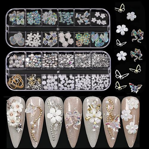3D Nail Charms, 2 Boxes Multi-Shape Aurora Bow Butterfly Bear Flower Nail Art Charms Nail Pearls Rhinestones Gems Nail Art Chains for Nail Art Decoration DIY Crafts (C)