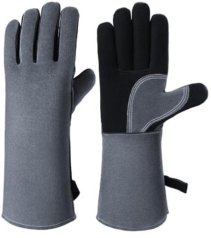 Xndryan Leder-Grillhandschuhe, 40,6 cm, extrem hitze- und feuerbeständig, Handschuhe für Kamin, Grill, Schweißen, Feuerbekämpfung, Grill, Ofen, Backen, Herd, Einheitsgröße für Männer und Frauen