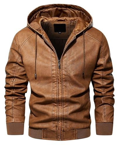 JEKE-DG Men's Vintage Faux Leather Jacket Windproof Motorcycle Bomber Jacket Slim Fit Coat With Removable Hood, 1912 Brown Yellow, X-Large