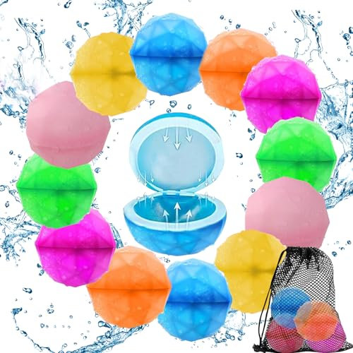 Bombe a Eau Réutilisable, 12PCS Bombe à Eau, Ballons à Eau avec Sac en Filet, Ballons d'eau à Remplissage, Jouet de Water-Polo pour Enfants Adultes Jeux D'été Plage