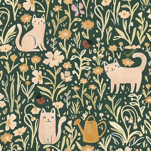 CiCiwind Selbstklebende Tapete Grün Blumen Tapeten 41×300cm Gelbe Blume und Katze Muster Tapete Verdickung Möbelfolie Selbstklebend Wohnzimmer Schlafzimmer Kinderzimmer Vinyl Klebefolie