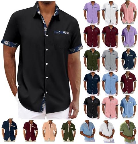 Chemise Homme Été Manches Courtes à Fleur Rose Lin Multicolore 2XL